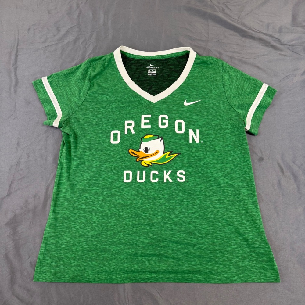 Nike Oregon Ducks Dri-FIT Green Heather V-Neck T-Shirt BQ9484-377 Womens XL